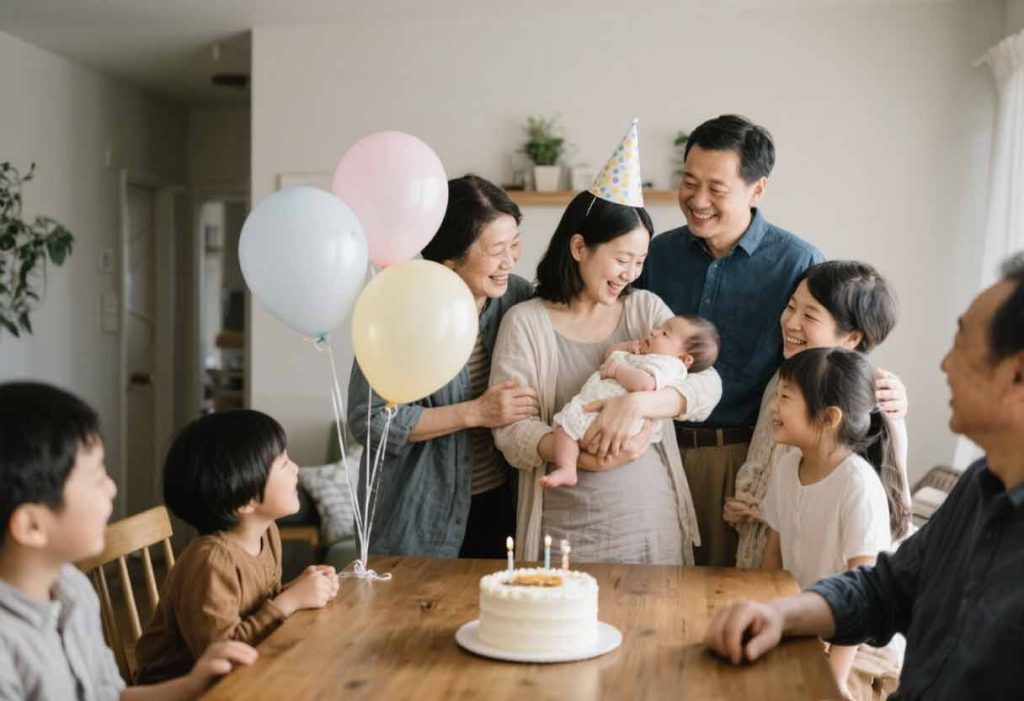 A new mom holding her baby at a family gathering with balloons and cake, surrounded by smiling relatives.