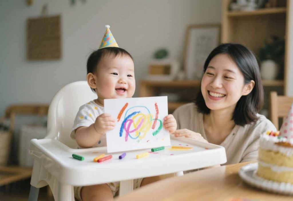 A baby in a highchair holding a crayon-scribbled card while the mom smiles emotionally, with a birthday cake in the background.