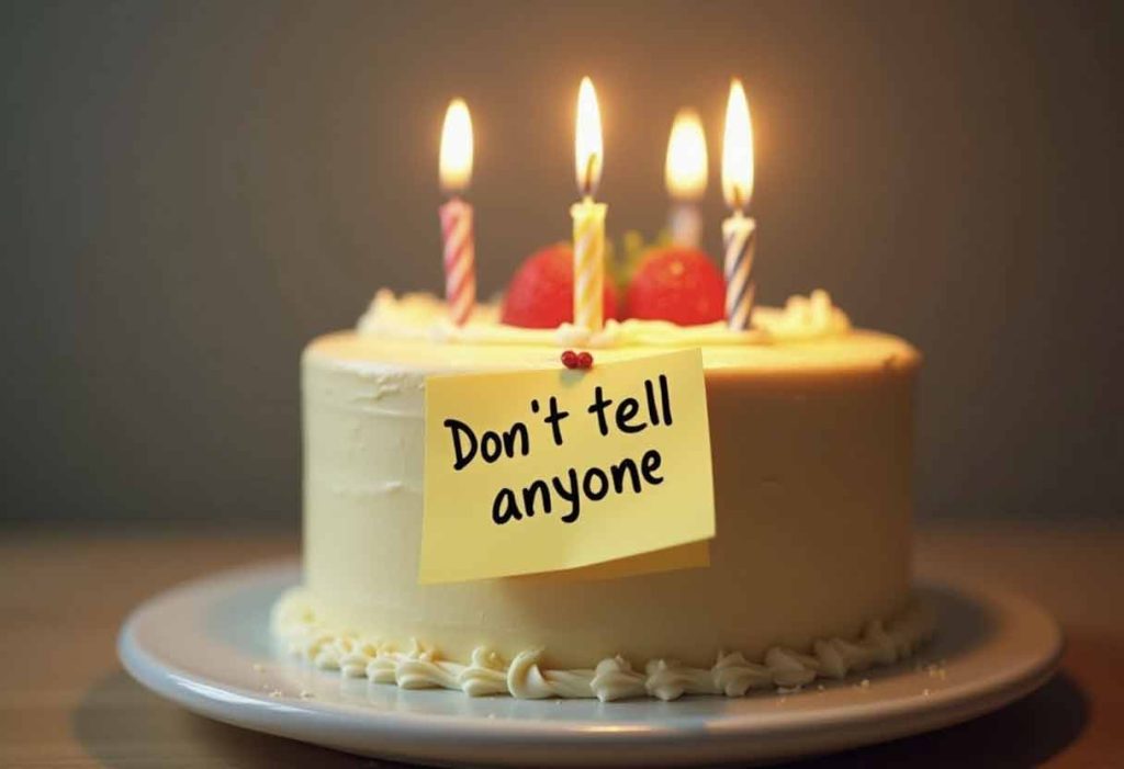 Birthday cake with one candle and a sticky note that says “Don’t tell anyone.”