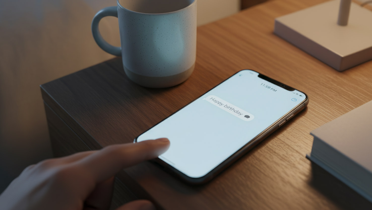 Image Prompt: A dimly lit phone screen on a nightstand shows a half-typed “Happy birthday 💭” message at 11:59 PM. The room glows softly from a bedside lamp; there’s quiet tension in the air — part hesitation, part longing. Modern, realistic lighting, muted color palette, emotional stillness.