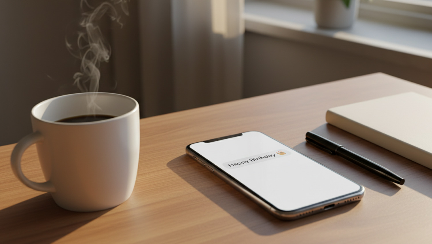 A realistic photo of a modern smartphone on a desk with a bright DM notification saying “Happy Birthday 🎂”, surrounded by a coffee mug, sunlight through a window, cozy minimalist background, natural morning lighting.