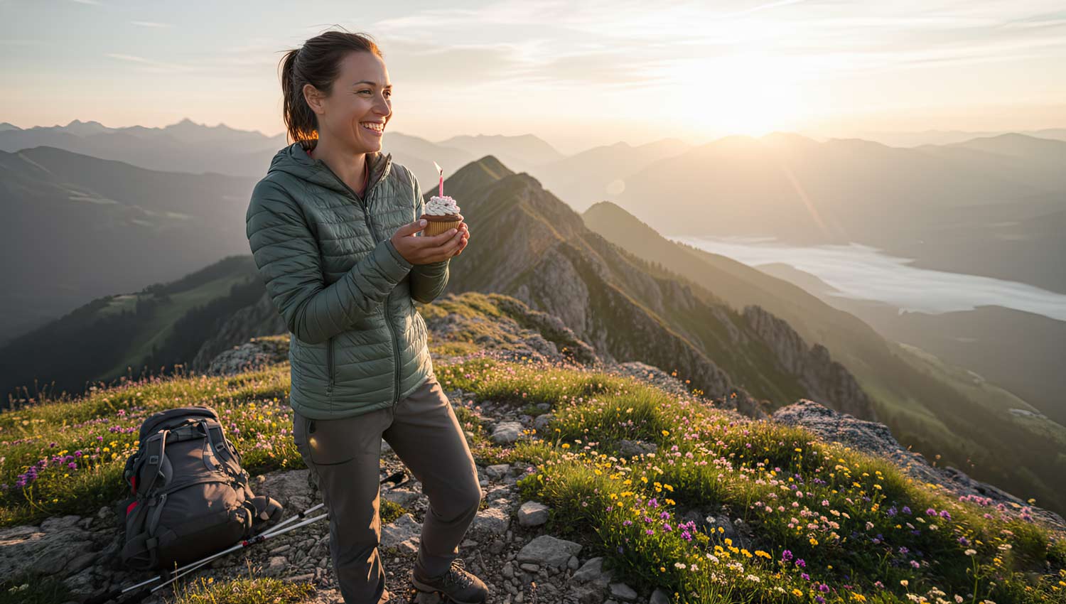 A joyful hiker celebrating a birthday at a mountain viewpoint at sunrise, surrounded by wildflowers, backpack nearby, holding a small cupcake with a single candle, warm morning light, crisp alpine air, cinematic composition, soft natural colors.