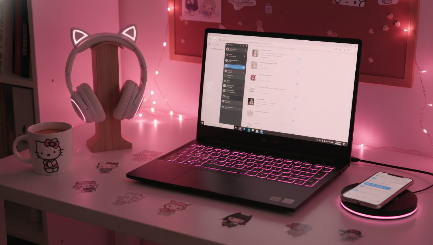 A cozy nighttime desk setup glowing softly from a laptop screen showing an open chat. Fairy lights and stickers decorate the space; a half-drunk coffee cup and phone with notifications light up the scene. The background shows a calm bedroom ambiance — aesthetic, moody, and heartfelt — symbolizing digital friendship across time zones.