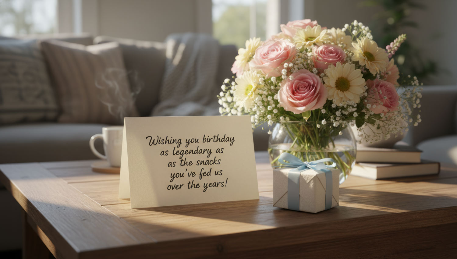A warm, cozy living room with sunlight streaming in, a heartfelt birthday card and a small gift box on a wooden table, a sense of family warmth and gratitude, soft natural light, pastel tones, candid lifestyle photography.