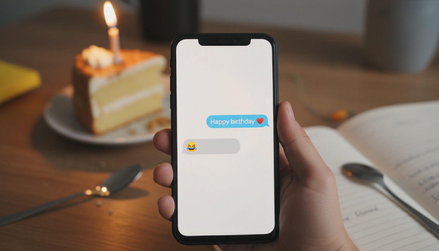 A cozy handheld phone shot showing a text thread: one message says “Happy birthday ❤️,” another replies with a laughing emoji. The background includes a piece of cake, a candle, and a slightly messy desk — human, lived-in, emotionally warm but real.