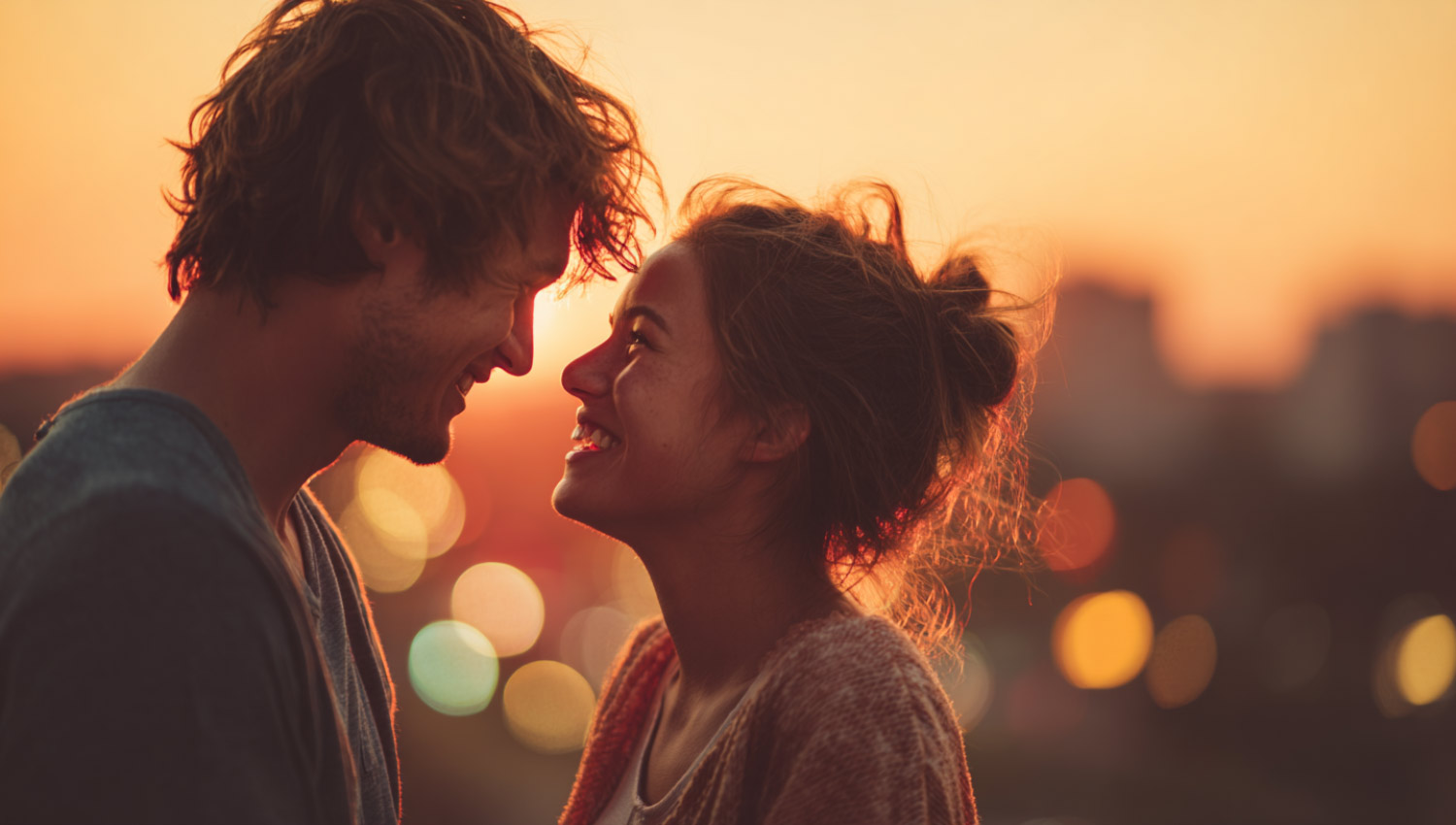 A realistic outdoor photo of two close friends laughing together under warm sunset light, subtle romantic tension, candid smiles, casual clothing, blurred city background, emotional and natural expression.