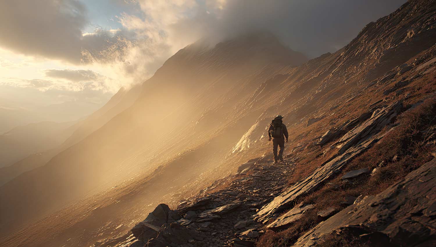 A determined hiker ascending a steep mountain trail under glowing golden light, rocky terrain, mist rolling off the peaks, celebrating perseverance and growth, symbolic birthday atmosphere, motivational, dramatic yet peaceful.