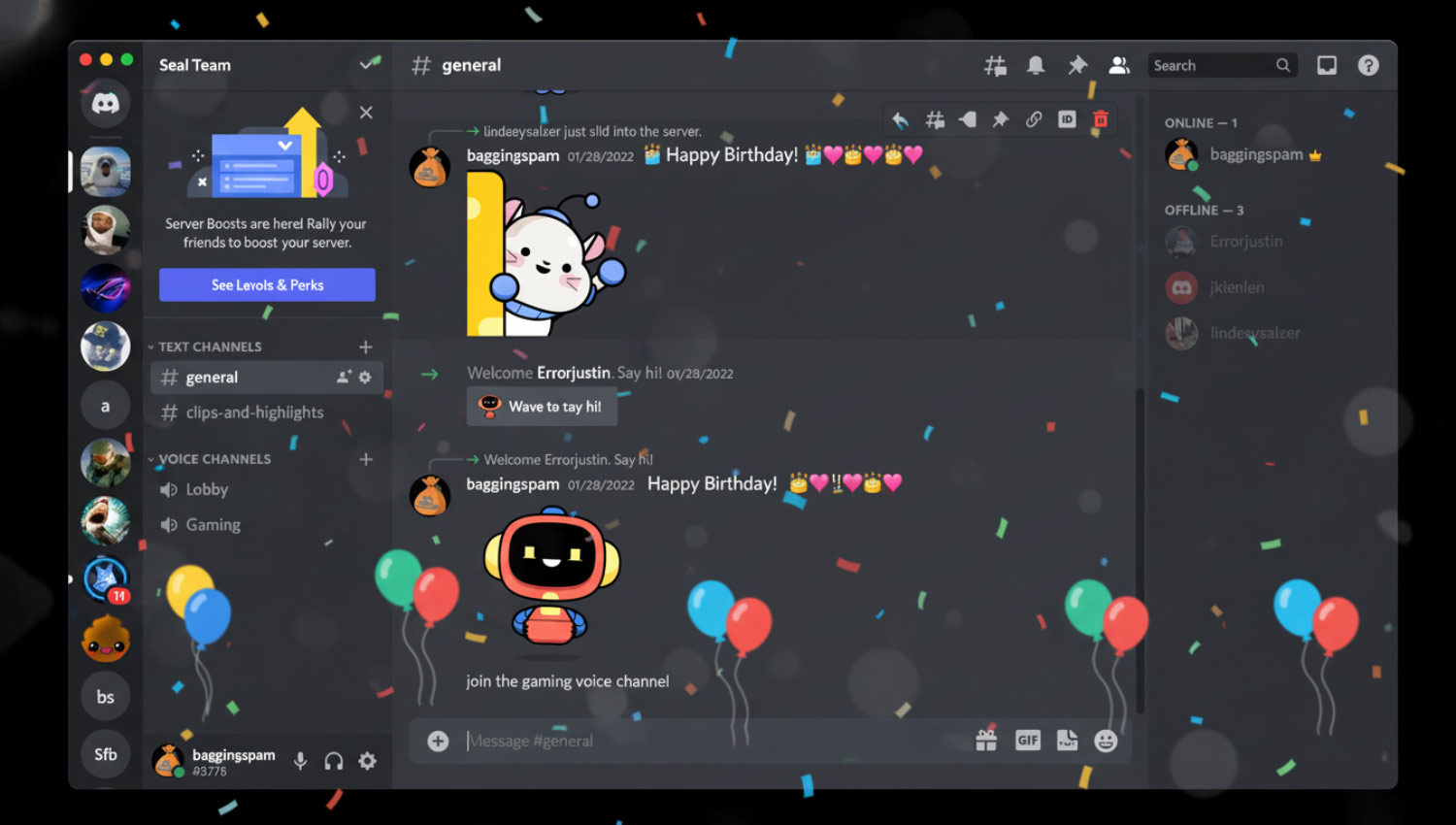 A vibrant Discord or group-chat interface at night with multiple colorful messages, emojis, and birthday confetti effects flying across the screen. The atmosphere is light, humorous, and friendly — digital avatars laughing, “Happy Birthday” text popping up with reaction emojis and pixel art. Feels alive and chaotic in the best way.