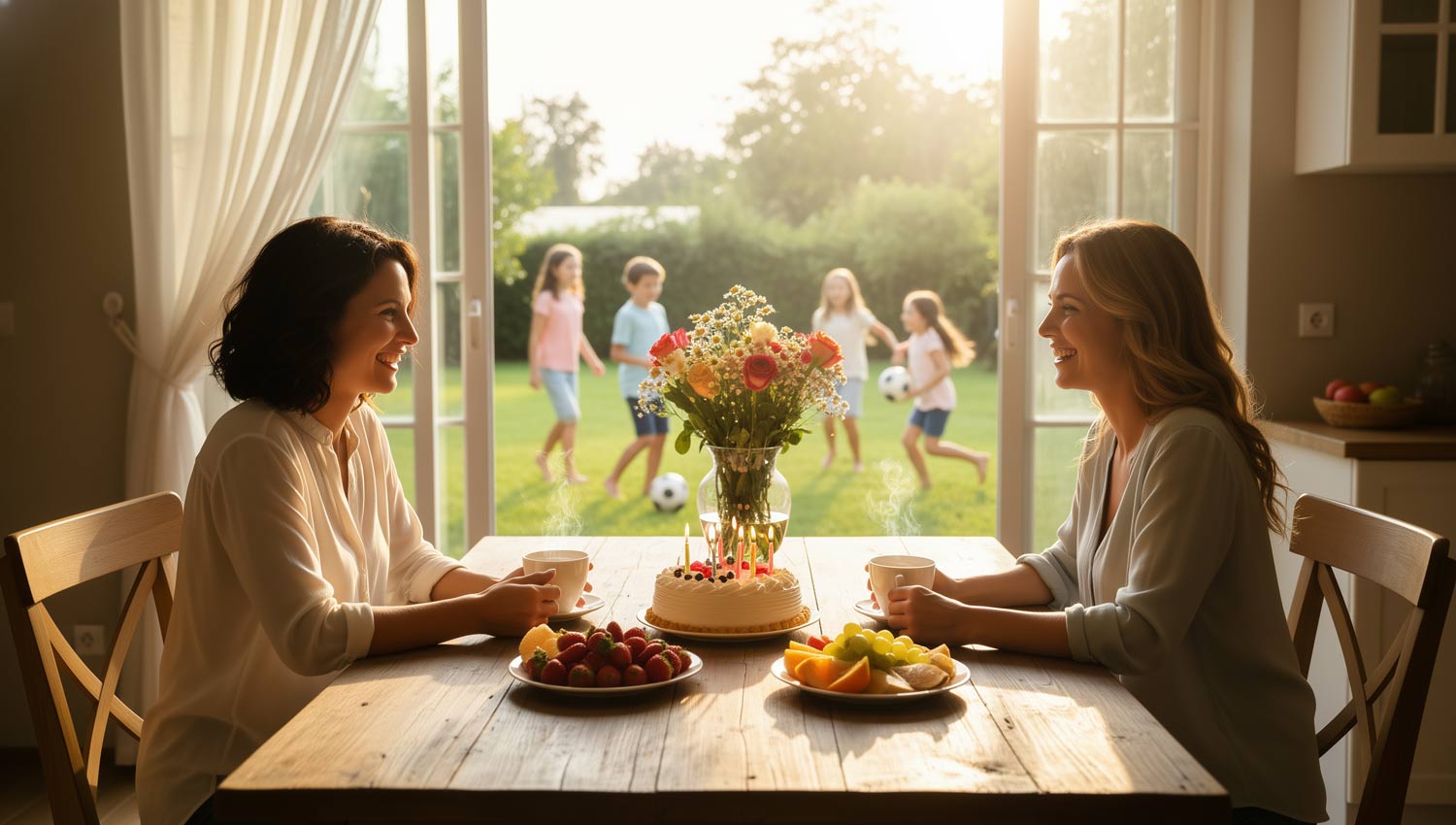 Two cheerful parents celebrating a birthday at home with their child and friends, laughter around the kitchen table, birthday cake with candles, genuine joy, casual atmosphere, bright natural light, documentary-style photo.