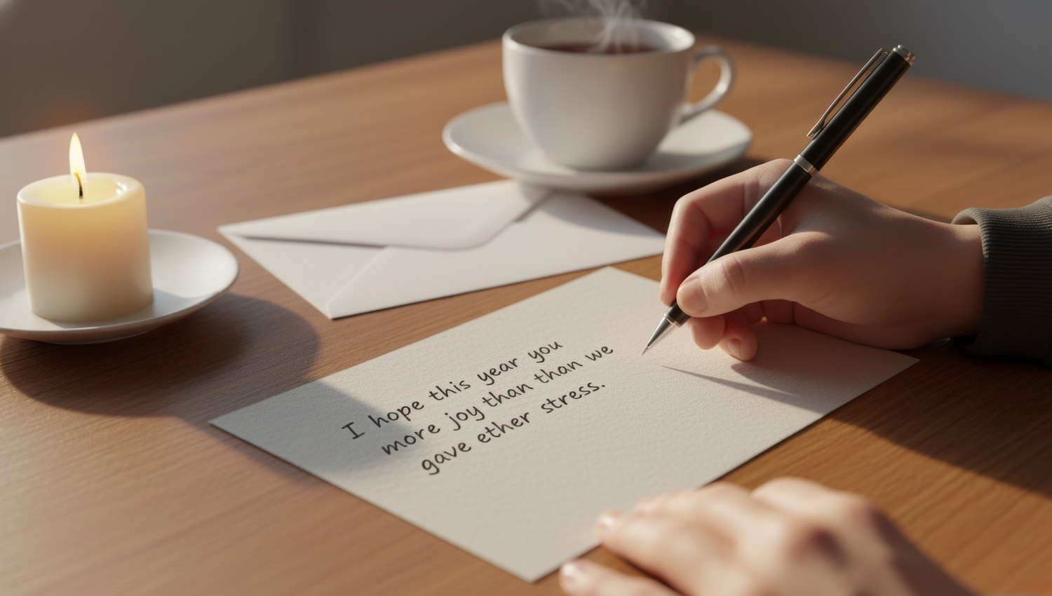 Hands writing slowly on a birthday card, pen poised mid-sentence. There’s a small candle burning nearby, a cup of tea, and an open envelope. Natural light and warm tones give a soft, nostalgic feel — sincerity and tenderness captured in motion.