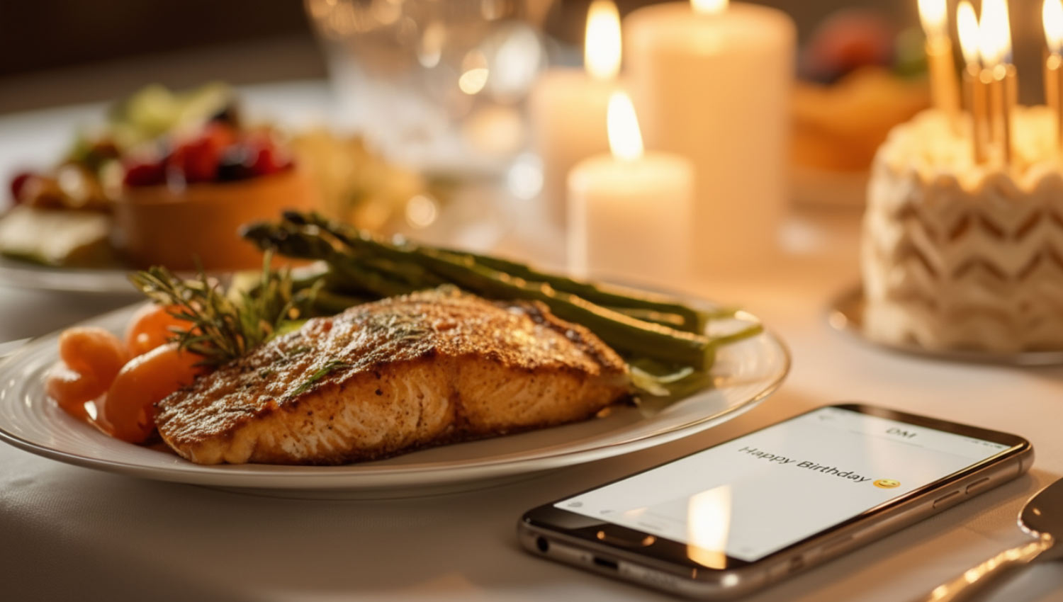 A realistic close-up of an elegant dinner table with candlelight reflections, a glowing phone message on the side reading “Happy Birthday 😉”, champagne glasses slightly out of focus, golden tones, classy and romantic mood.