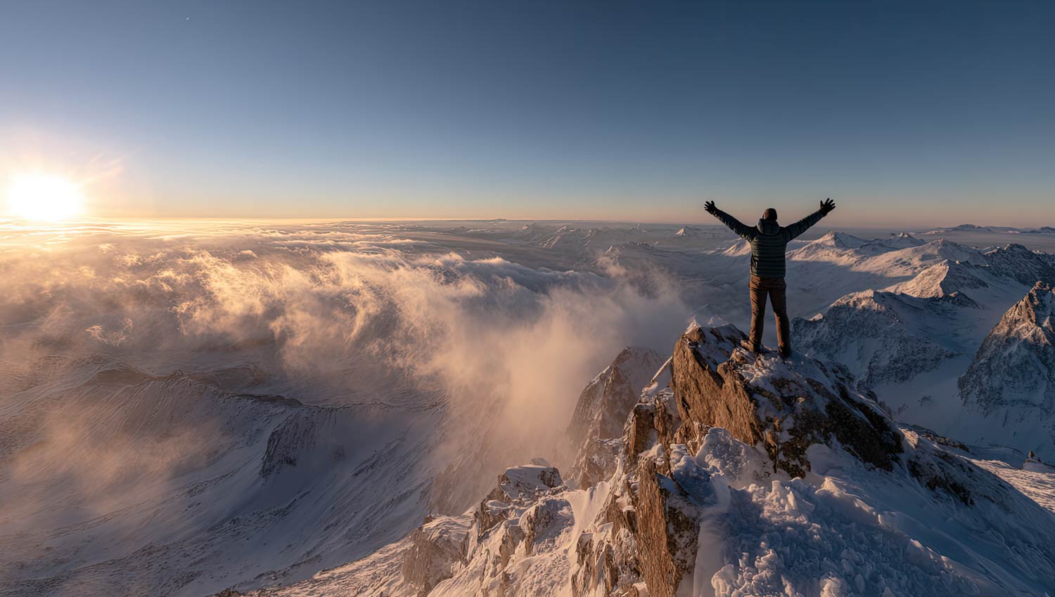 A panoramic scene of a hiker standing proudly at a mountain summit, arms raised triumphantly, wind tousling hair, vast horizon with clouds below, glowing sunlight and distant peaks — feeling of achievement, freedom, and reflection.