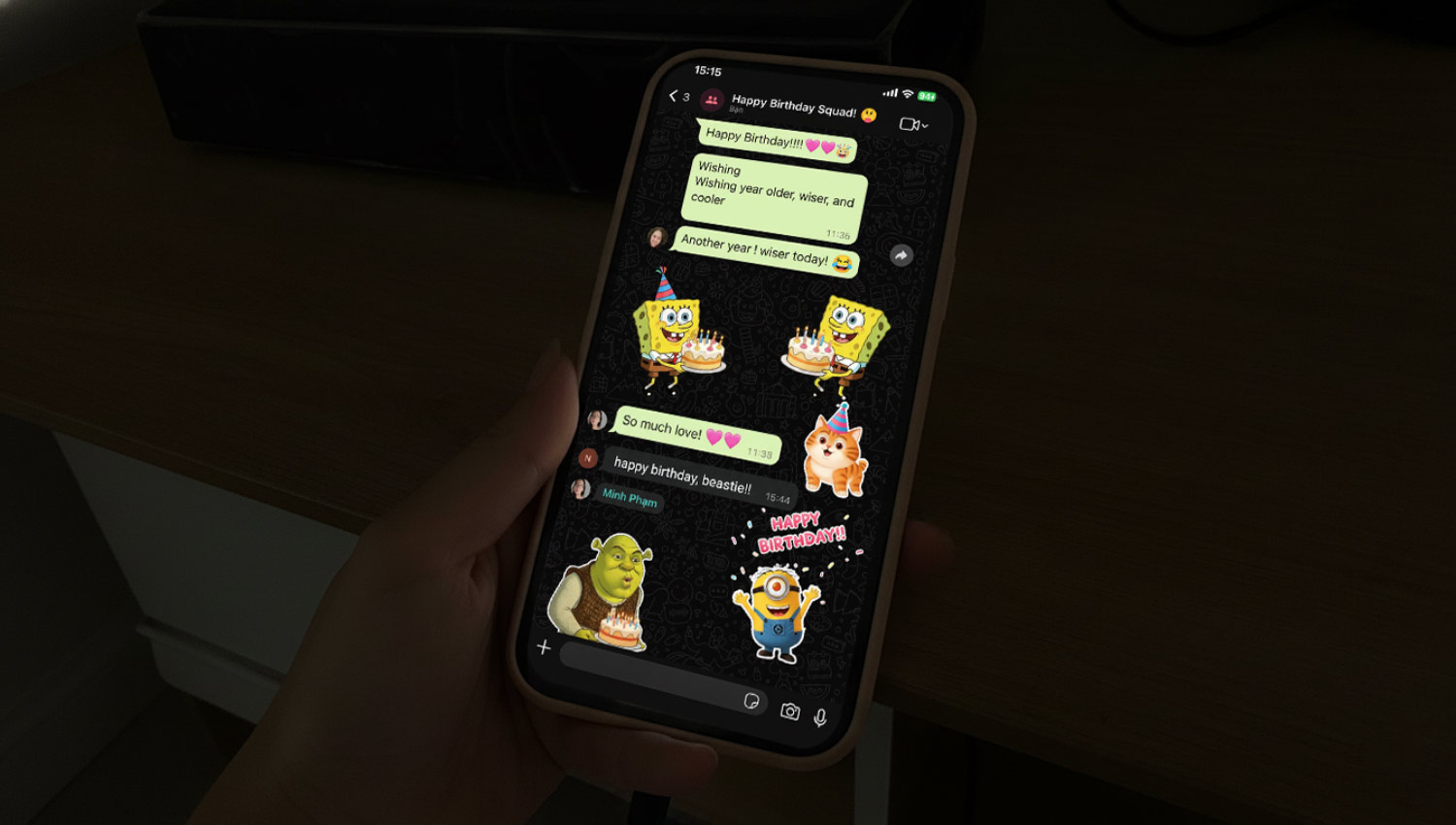 A phone screen glowing in a dark room with multiple memes open — SpongeBob, cats, and pop-culture clips. The vibe is playful and internet-core, filled with glitch art, deep-fried textures, and neon tones. Feels like a scroll through a chaotic meme folder mixed with heartfelt birthday captions.
