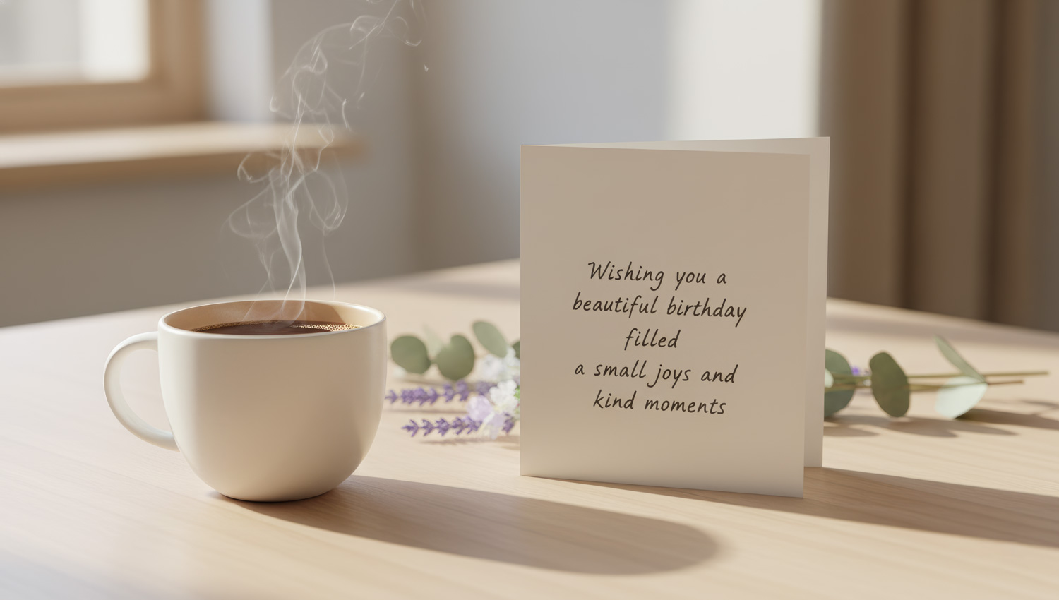 Polite and simple birthday setting — a minimalist birthday card on a desk beside a cup of coffee, soft-focus background, tasteful floral elements, warm neutral tones, elegant and understated.