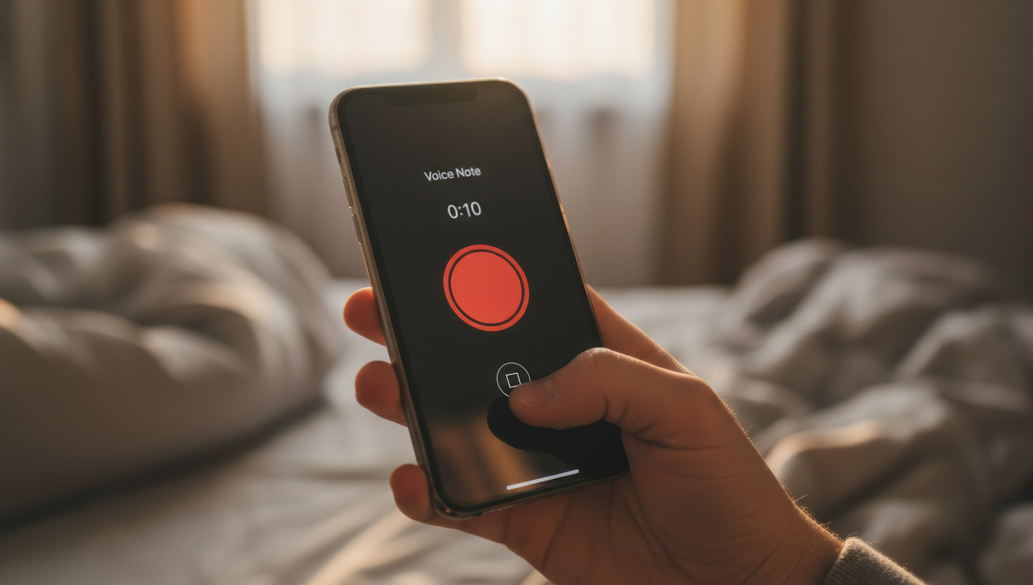 A phone recording interface on-screen, showing “Voice Note — 0:10.” Background: quiet bedroom, unmade bed, golden afternoon light. The hand holding the phone looks hesitant yet gentle. Realistic, soft focus, emotional intimacy.