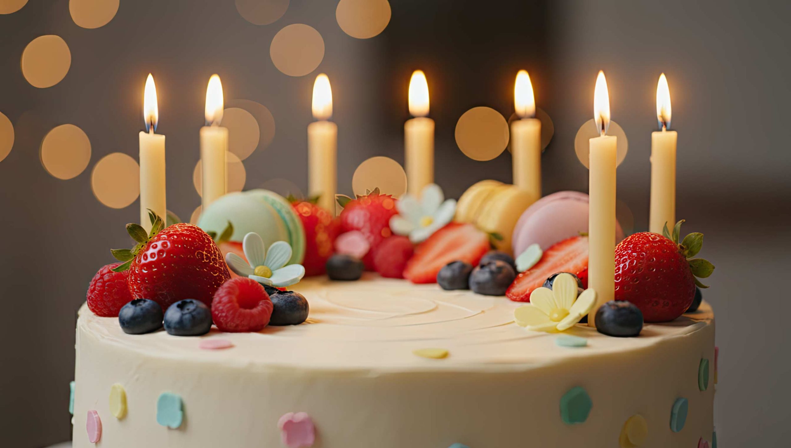 close-up of a cake with glowing LED candles just before being blown out