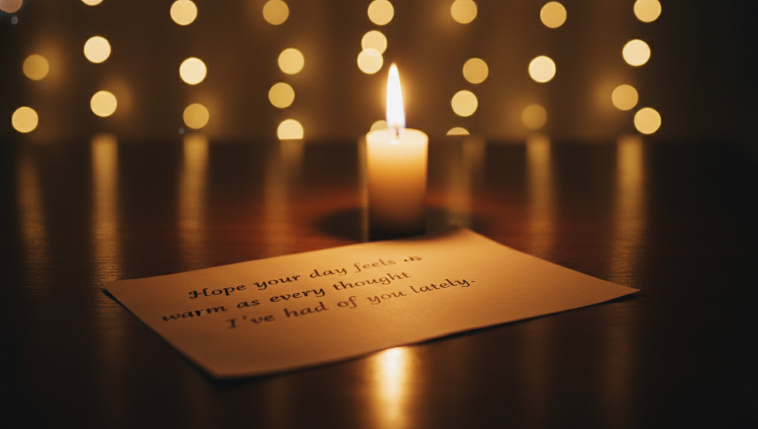 A realistic cozy night scene, warm string lights hanging in the background, a handwritten birthday note on a wooden table, soft-focus candle flame, emotional ambience, faint smile seen through window light.