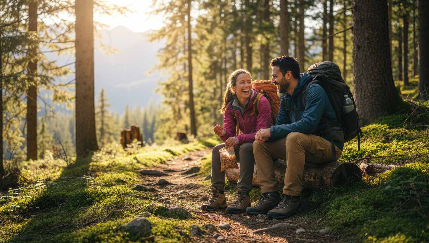 Two hikers laughing together on a forest path, backpacks on, sharing snacks, dappled sunlight through trees, casual friendship vibe, candid photo feel, real emotion, mossy trail and mountain backdrop.