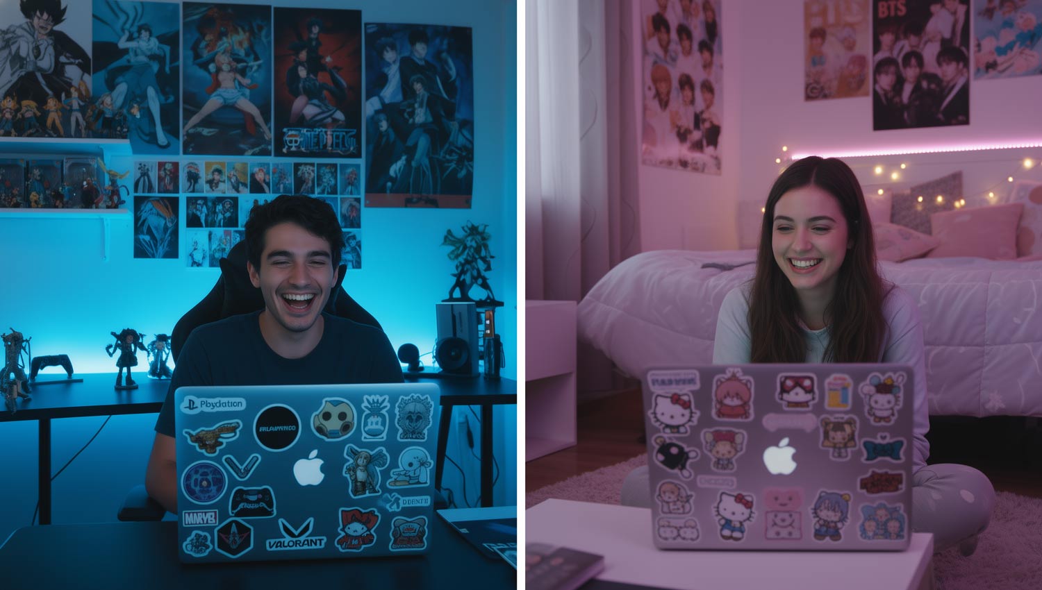 Two friends chatting on laptops covered in fandom stickers (anime, Marvel, K-pop, etc.), surrounded by posters and fairy lights. Screens reflect the glow of shared media — a video playing, text messages visible with excited conversation. The image feels nostalgic, warm, and cinematic, symbolizing emotional online connection through shared fandoms.