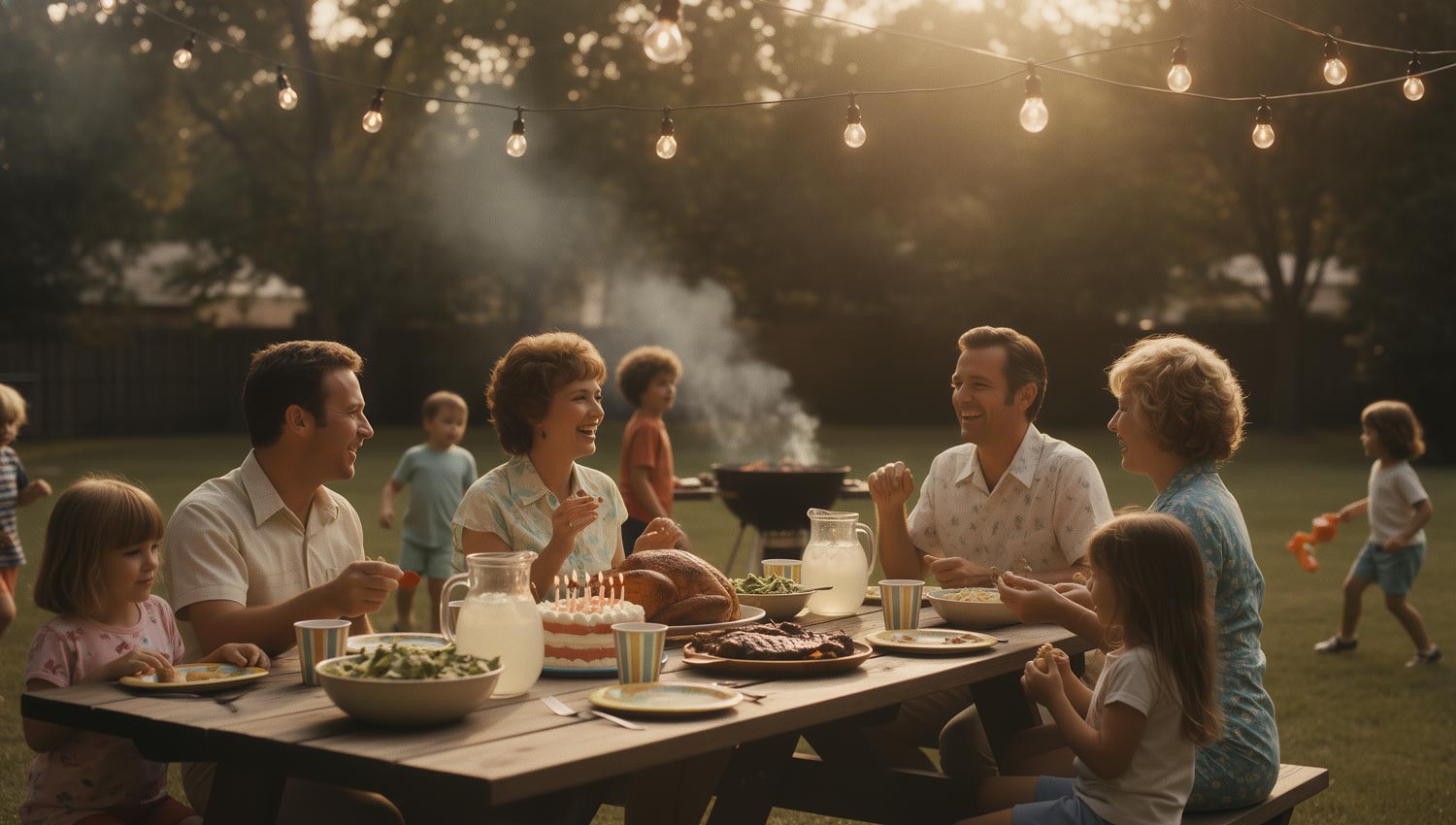 A family-style backyard gathering at sunset, friends and parents smiling together, shared laughter and food, cozy string lights, casual summer vibe, warm and nostalgic tone, cinematic lighting.