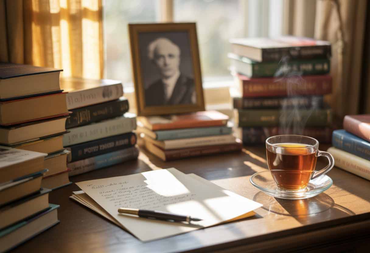 A warm, softly lit study filled with books stacked around a writing desk. A handwritten birthday note rests beside a fountain pen and a steaming cup of tea. Golden sunlight filters through curtains, highlighting a framed photo of a beloved author. Calm, realistic indoor lighting and nostalgic mood.