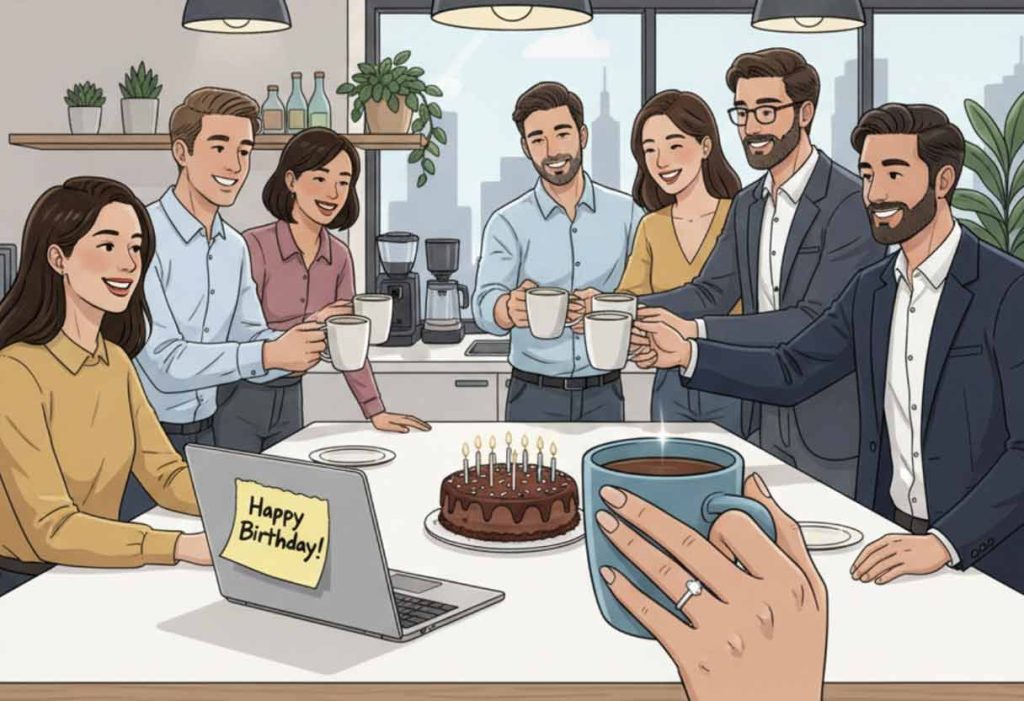 An office break room scene with coworkers clinking coffee mugs, a birthday cake on the table, and a ring catching the light.