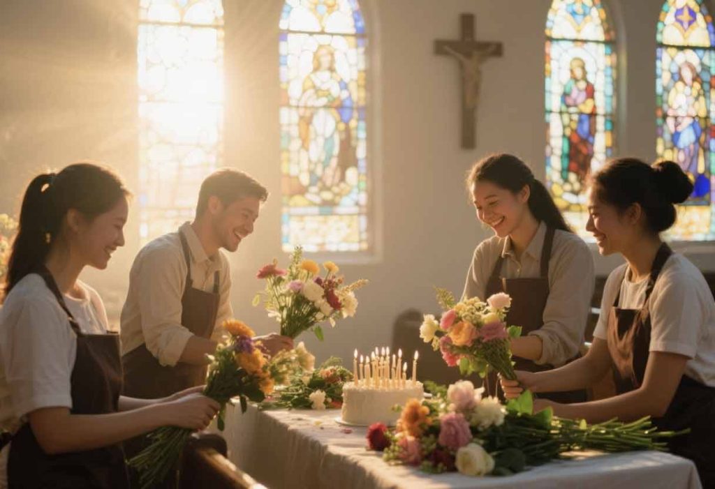 Soft sunrise light filtering through stained glass windows - church volunteers arranging flowers and smiling during a quiet birthday moment - spiritual warmth, glowing tones, calm atmosphere, reverent and joyful.