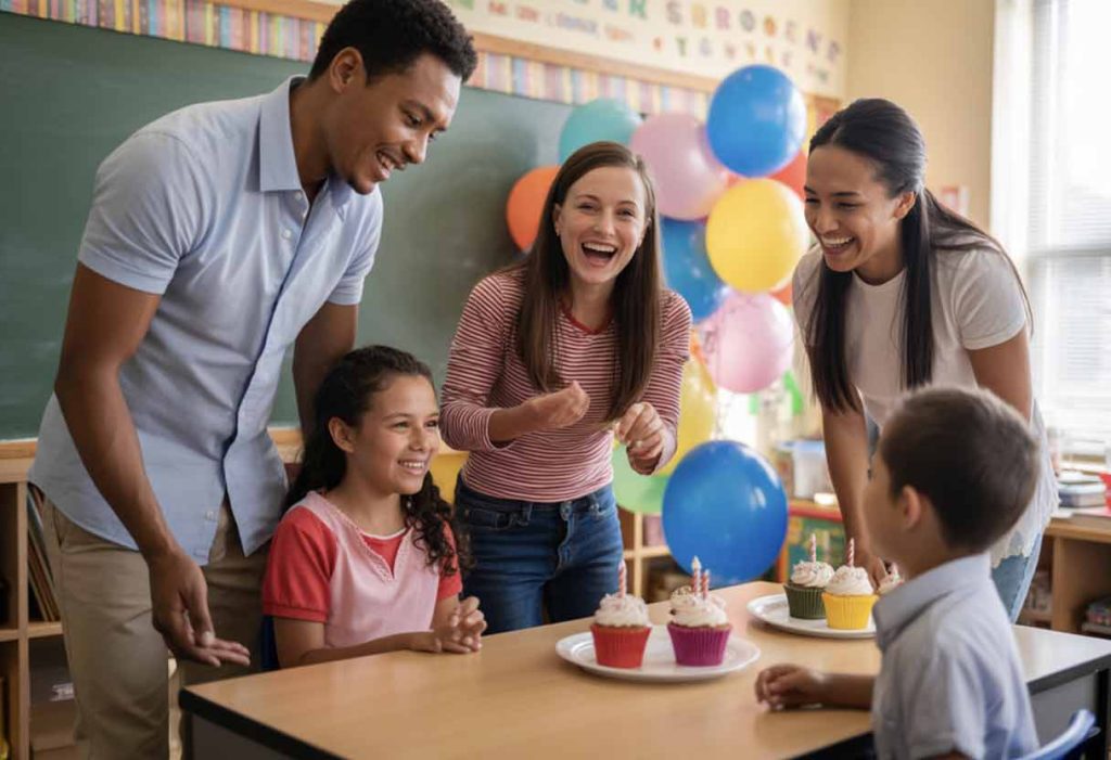 Cheerful school setting - PTA volunteers decorating a classroom with balloons and birthday cupcakes, colorful chalkboard in the background, laughter, teamwork, community spirit - bright daylight, wholesome candid photography, warm color palette.