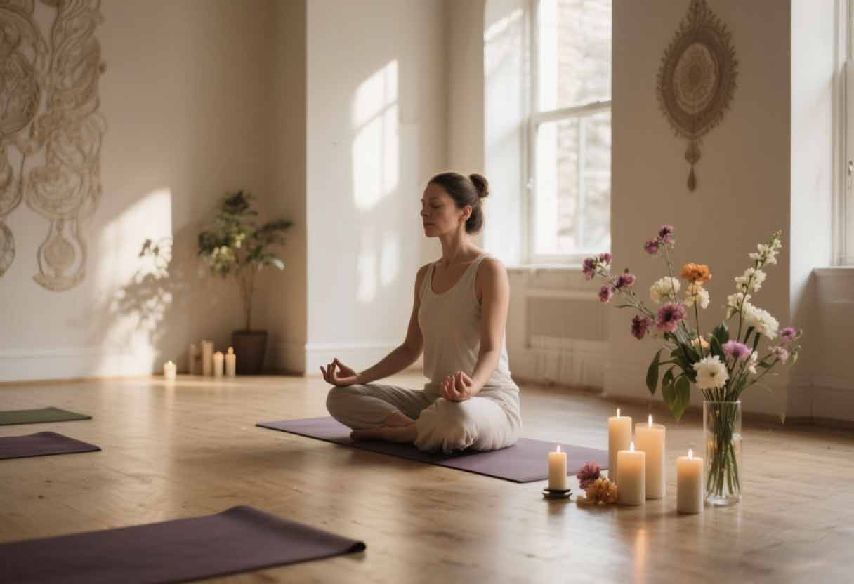 Serene yoga space with soft sunlight filtering through windows, teacher meditating near candles and flowers, tranquil atmosphere with spiritual calm and inclusive warmth.
