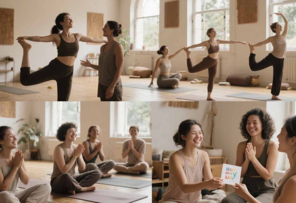 Realistic collage of yoga students and their instructor in serene settings — gentle stretches, group smiles, moments of gratitude, and a sweet birthday card exchange after class. Soft natural light filtering through windows, earthy tones, cozy studio atmosphere, and calm, mindful energy throughout.