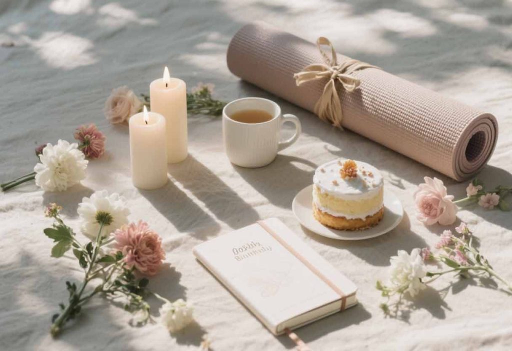 Flat lay of yoga-inspired birthday gifts — candles, journal, mug, yoga mat, small cake — arranged aesthetically with flowers and sunlight, minimalist natural background.