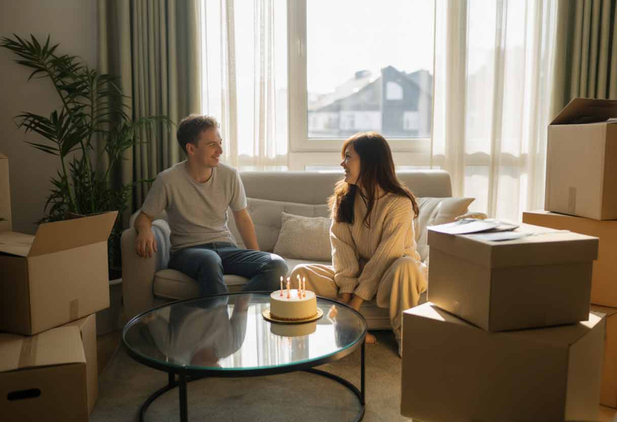 A cozy modern living room filled with moving boxes, a small birthday cake glowing on a coffee table, sunlight streaming through sheer curtains, and a new homeowner smiling softly — a mix of unpacking chaos and warm celebration. Natural light, modern decor, soft neutral tones. add one more person