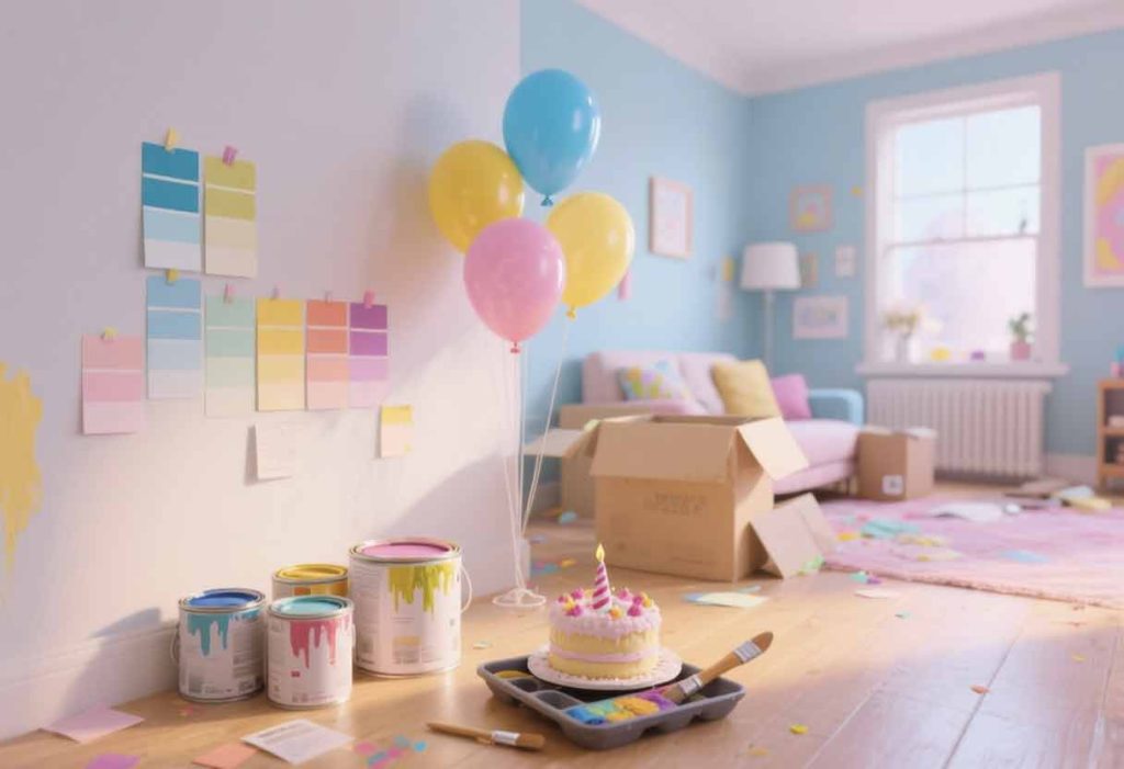 Bright, cheerful apartment interior with paint swatches taped to a wall, open paint cans in pastel colors, and a half-unpacked room. Balloons and a birthday cake sit beside a paintbrush tray. A fun, colorful atmosphere with pops of blue, yellow, and soft pink tones.
