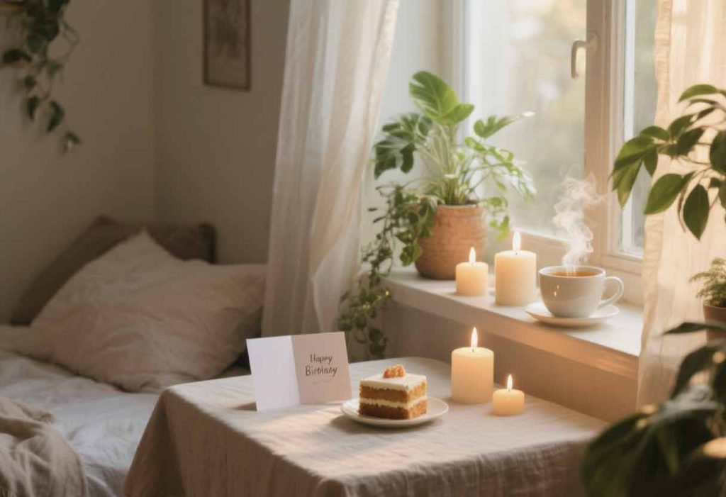 Warm reading nook with tea, candles, plants, and an open birthday card.