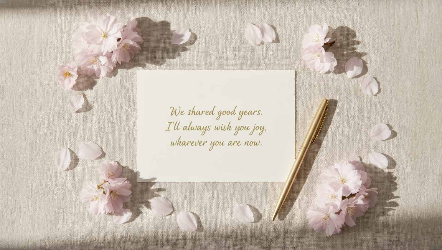 A warm, softly lit flat lay with a birthday card, delicate flower petals, and a pen — suggesting a hand-written message. A gentle aesthetic with muted pinks and beige tones symbolizing affection without attachment.