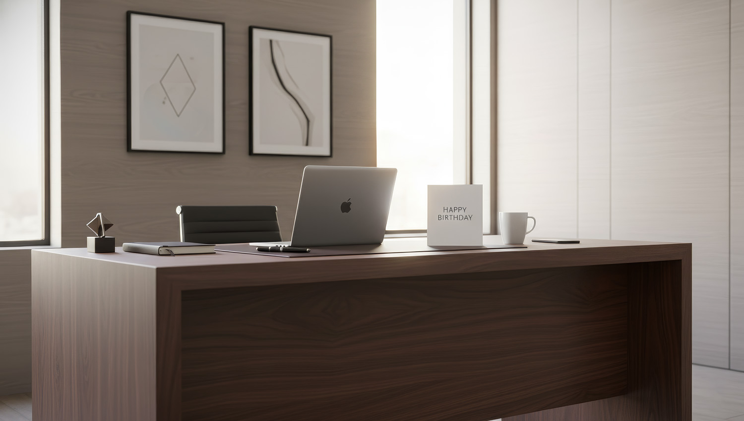 A modern office desk with a birthday card neatly placed beside a laptop, coffee mug, and pen. Soft daylight filters through a glass window, giving the scene a calm and respectful tone. The card has elegant minimalist text reading “Happy Birthday.” The mood feels professional, polite, and warm — suitable for corporate etiquette imagery.