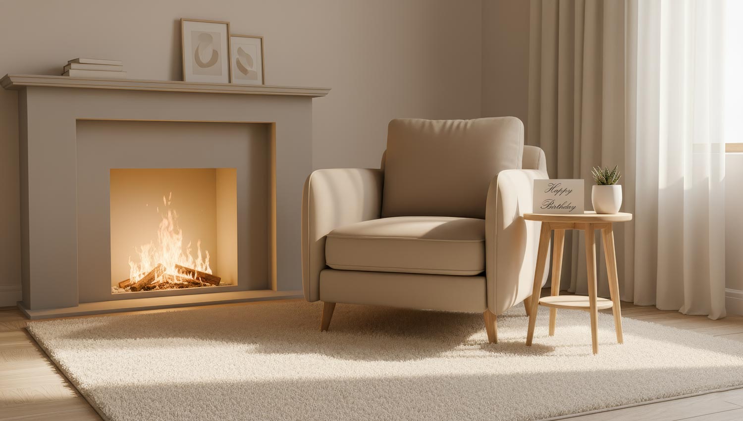 A minimalist, softly lit therapy office with a cozy armchair, warm neutral tones, a small potted plant, and a handwritten “Happy Birthday” card resting on a wooden table. Natural morning light filters through linen curtains, evoking calm, gratitude, and quiet appreciation.