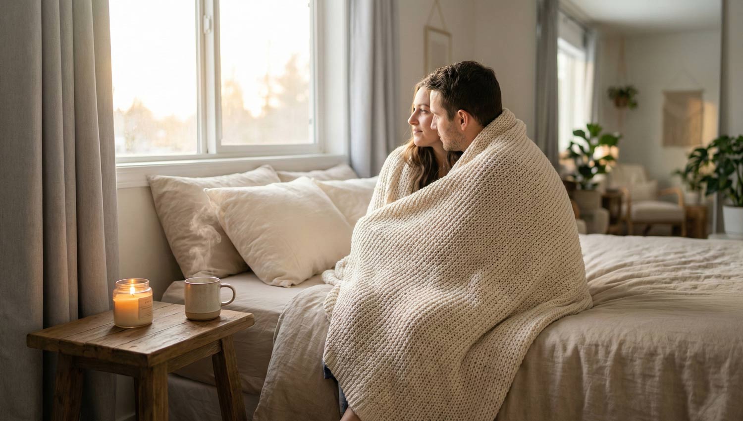 A warm, softly lit bedroom at sunrise, a couple wrapped in a cozy blanket sitting near a window with gentle morning light, a candle flickering on a wooden bedside table, steam rising from a cup of coffee, calm minimalist decor, serene atmosphere, intimate and peaceful mood, soft neutral tones, ultra-realistic photography.