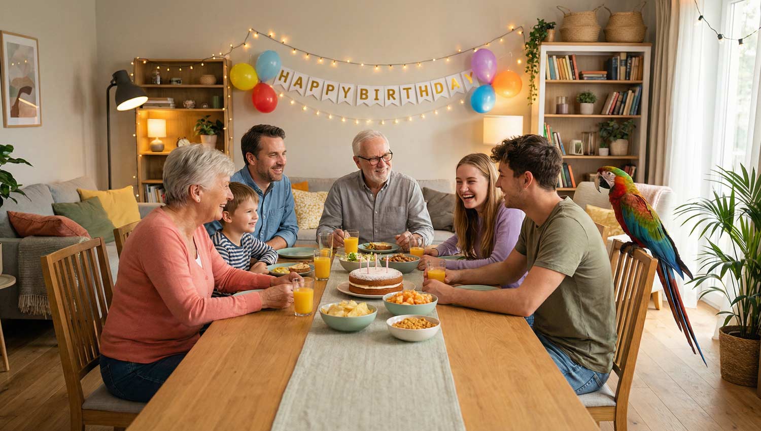 A realistic, candid photo of a warm family moment: a sibling laughing with their partner during a birthday celebration at home, soft fairy lights in the background, natural smiles, cozy living-room setting, warm tones, shallow depth of field, high-resolution lifestyle photography.