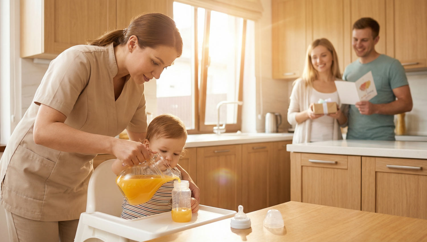 A warm, cozy kitchen in the early morning light, a nanny helping a small child pour orange juice while the parents prepare a simple birthday card in the background; soft natural lighting, calm atmosphere, candid lifestyle photography, gentle colors, heartfelt and homey mood.