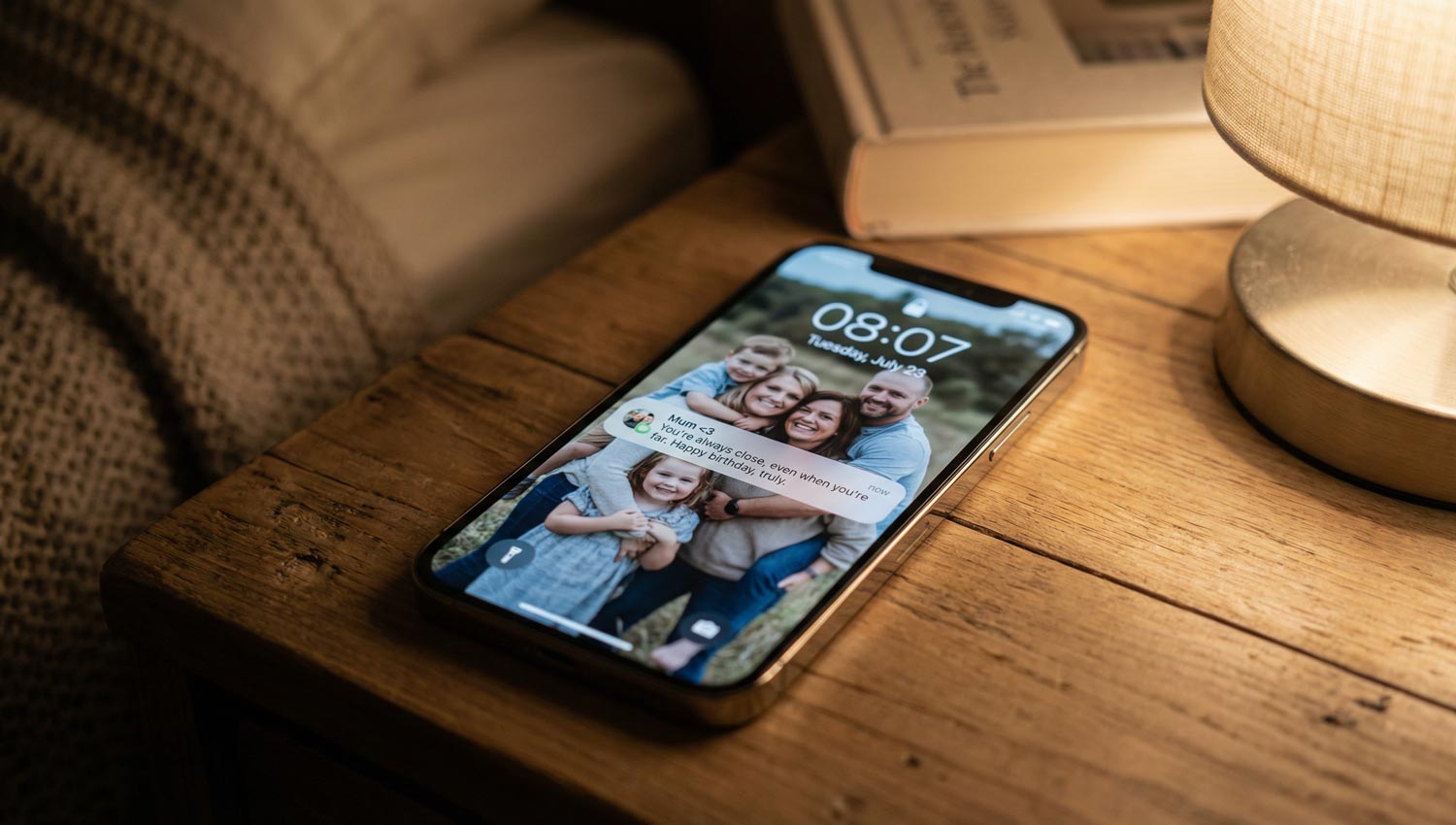 A realistic photo of a glowing smartphone screen on a bedside table at night, showing a heartfelt birthday message notification. Soft warm lamp light, cozy blankets, slightly blurred background, emotional and intimate vibe. Modern 2025 aesthetic, natural colors, high detail.