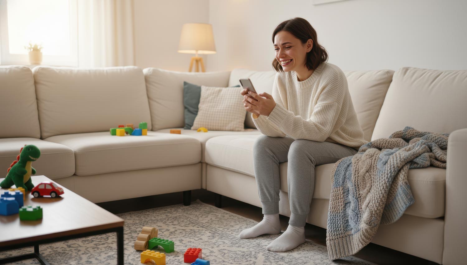 A tired but smiling single mom sitting on a couch in comfy clothes, phone in hand, reading a heartfelt birthday message. Warm ambient light, kids’ toys scattered around, a peaceful expression showing relief and love. The mood is gentle, emotional, and authentic.