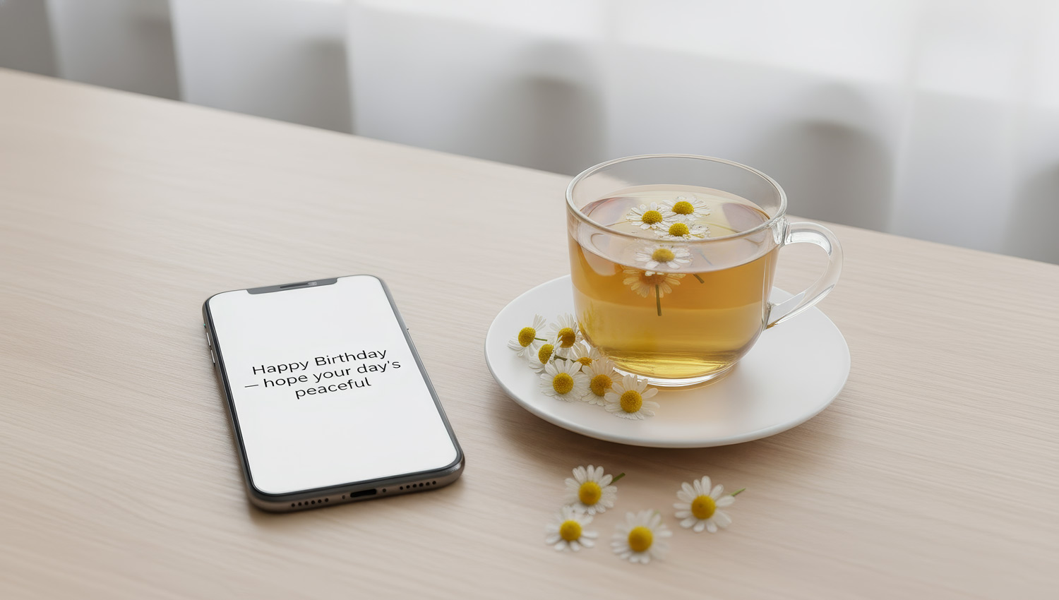 A phone resting on a tidy desk beside a cup of herbal tea. The message “Happy Birthday — hope your day’s peaceful” appears on the screen. The composition emphasizes emotional restraint, balance, and healthy boundaries.