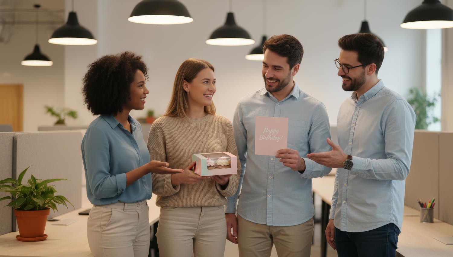 A cheerful open-plan office scene with a few colleagues smiling as they hold a small cupcake box and a pastel birthday card. The background shows soft bokeh lights, plants, and casual decor, conveying a friendly, relatable tone — modern workplace warmth without formality.
