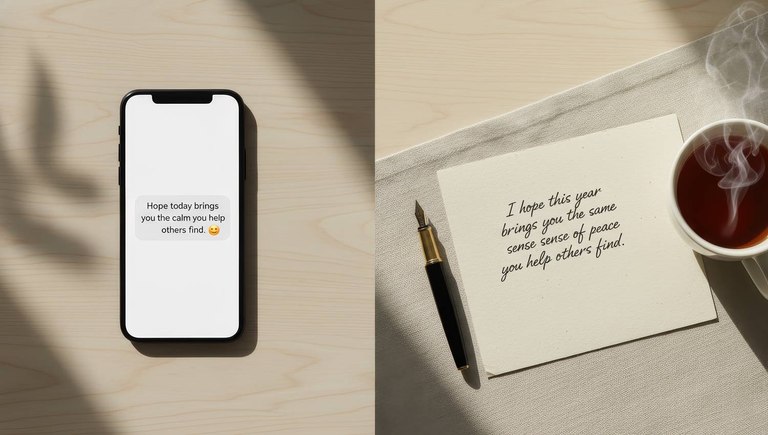 A split-scene composition: one side shows a smartphone with a simple birthday text message glowing softly on screen, the other side a handwritten card on textured paper beside a steaming cup of tea and a pen. The lighting feels calm and contemplative, symbolizing intention and personal connection.