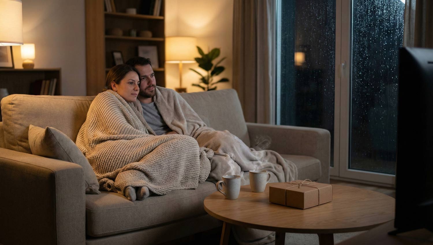 A quiet living room glowing with warm ambient light, soft blankets, a couple sitting close on a comfortable sofa watching a movie, tea or cocoa on the coffee table, no clutter, soft textures, rain lightly tapping on the window, cozy night-in vibe, ultra-realistic cinematic lighting.