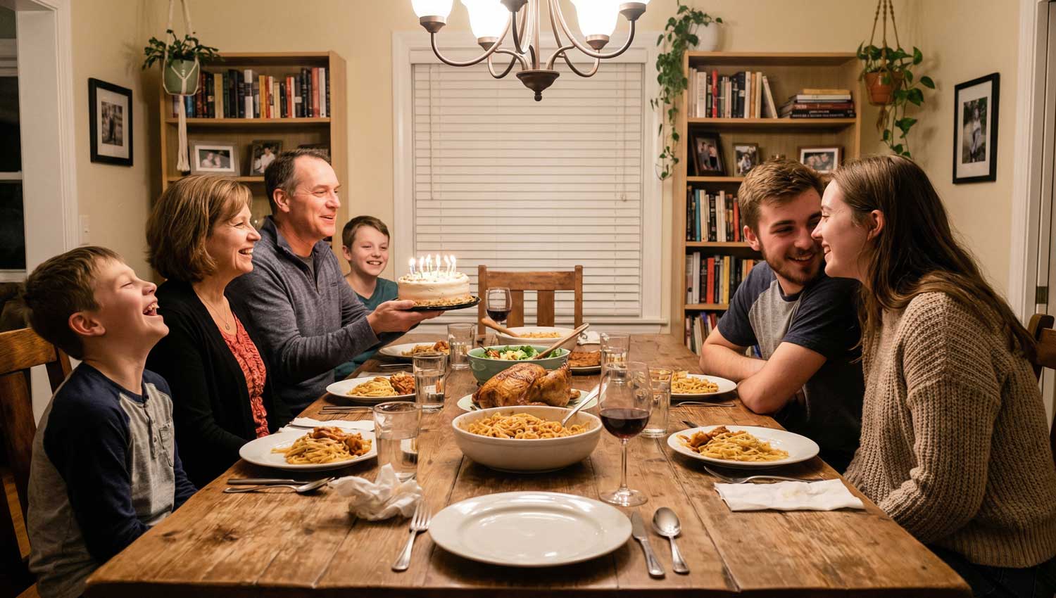 A realistic candid family dinner scene where everyone is laughing, someone holding a birthday cake slightly off-center, natural warm lighting, authentic family chaos energy, and documentary-style photography.