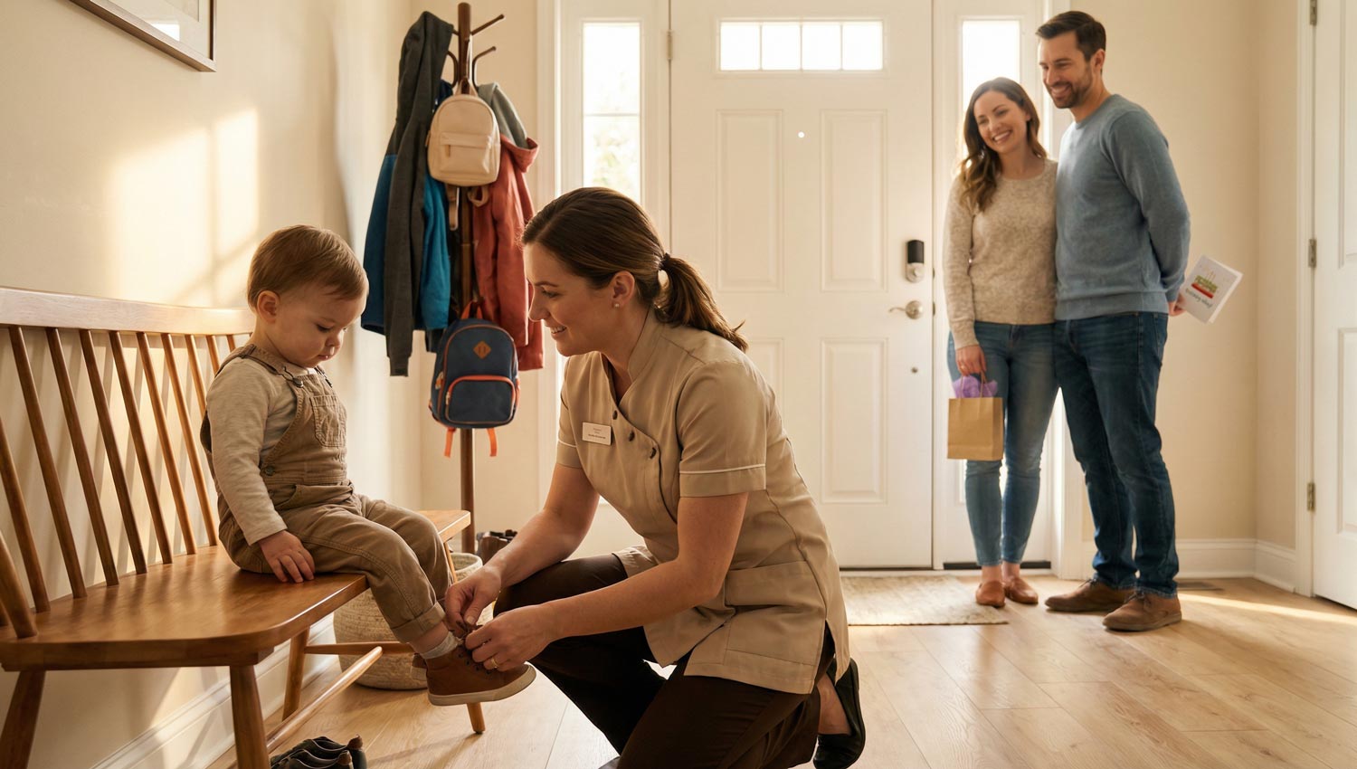 A caring nanny kneeling beside a toddler tying their shoes while a parent stands nearby with a grateful smile and a small birthday gift bag behind their back; sunlit family home, realistic family dynamic, subtle emotional warmth, natural candid shot