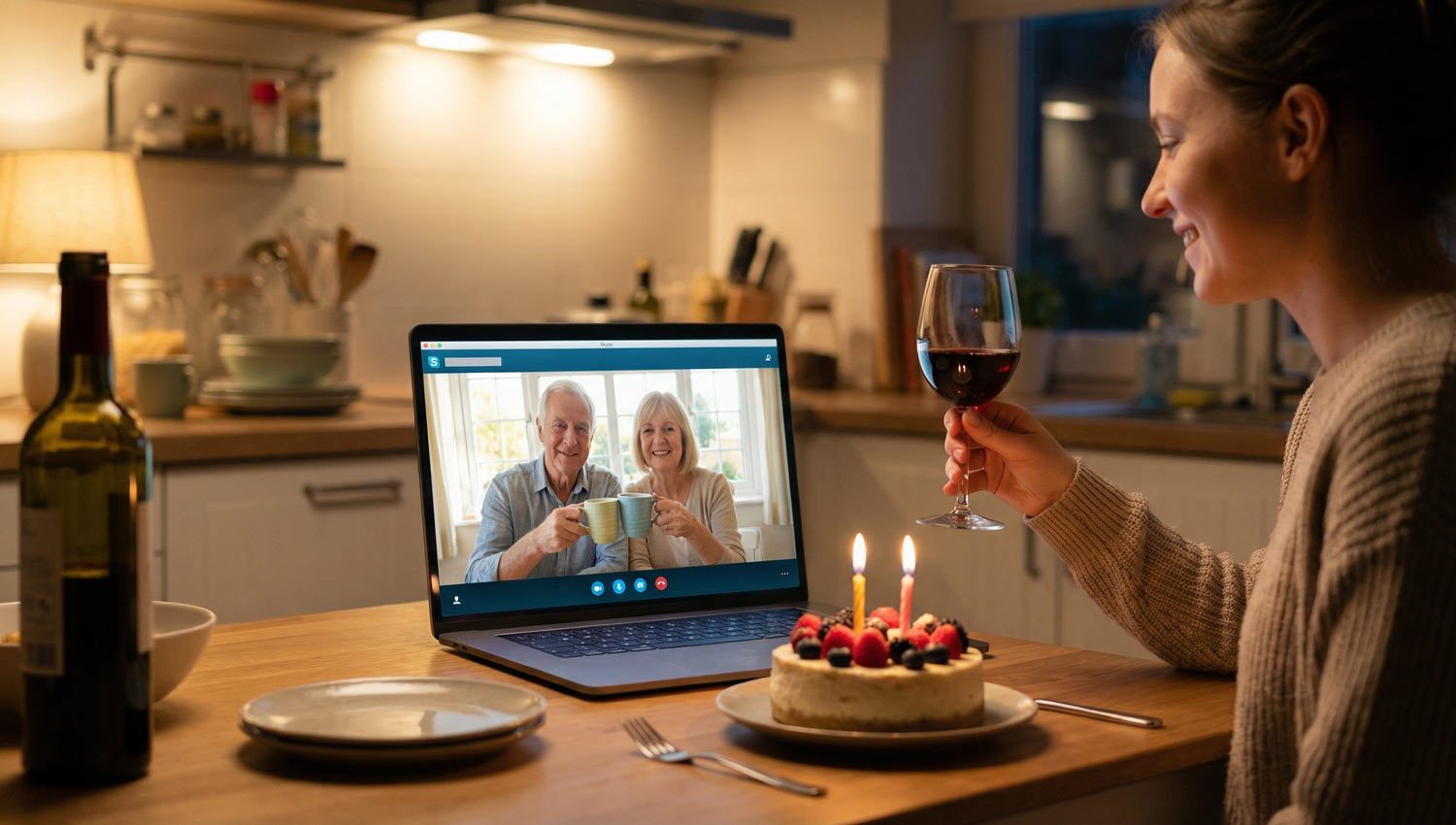 A realistic image of a laptop on a kitchen table during an evening video call, a person holding up a mismatched mug or wine glass toward the screen, soft warm lighting, candid home setting, slightly pixelated face on the screen for authenticity, modern long-distance celebration mood.