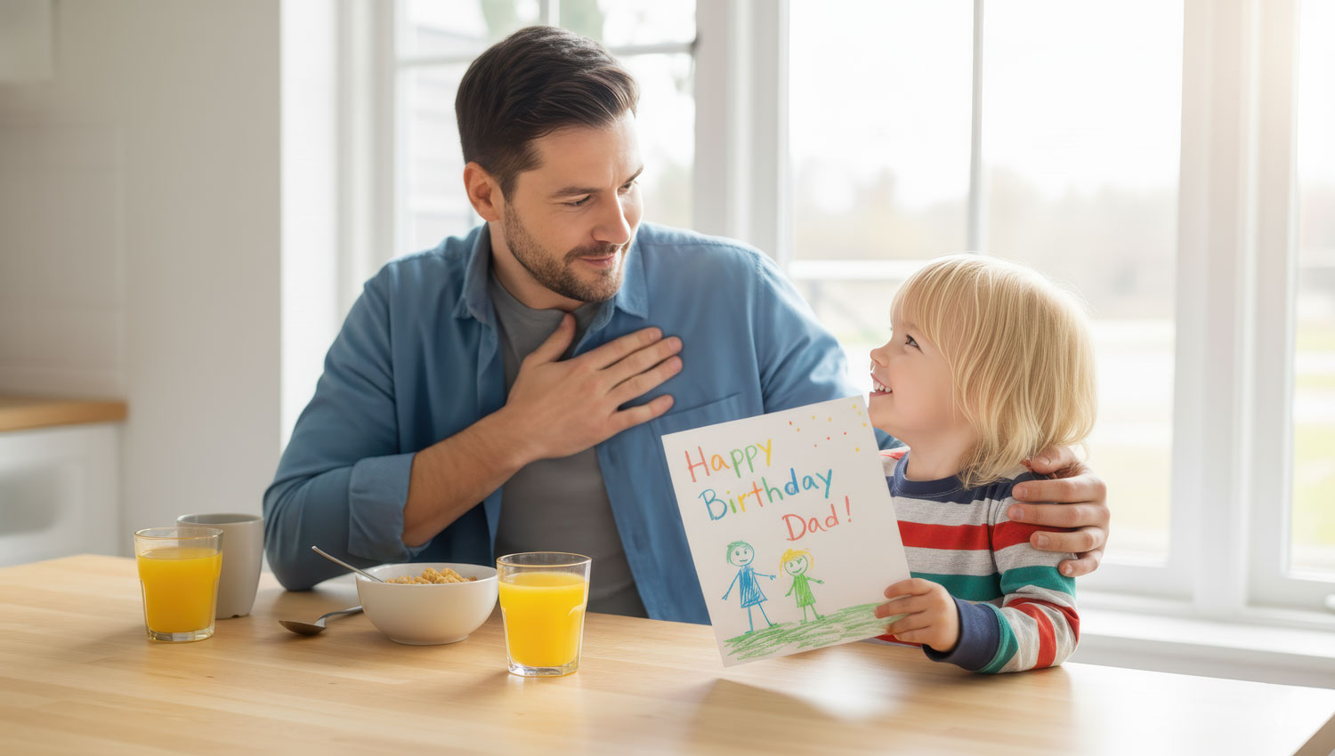 A joyful child handing a handmade birthday card to their parent at breakfast. Morning sunlight streams through the window, cereal bowls on the table, casual home setting. The parent looks touched, smiling softly — a candid moment of love between parent and child.